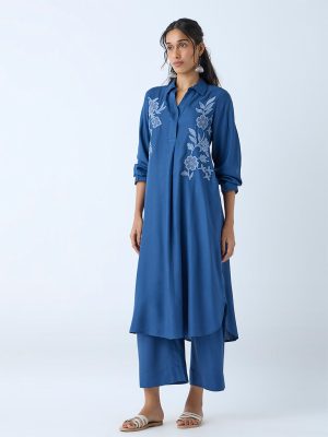 Utsa Indigo Floral Embroidered A-Line Kurta