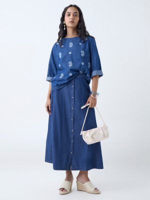 Utsa Dark Blue Paisley Embroidered Denim Ethnic Top