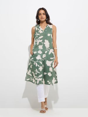 Utsa Sage Foliage Design Cotton Straight Kurta