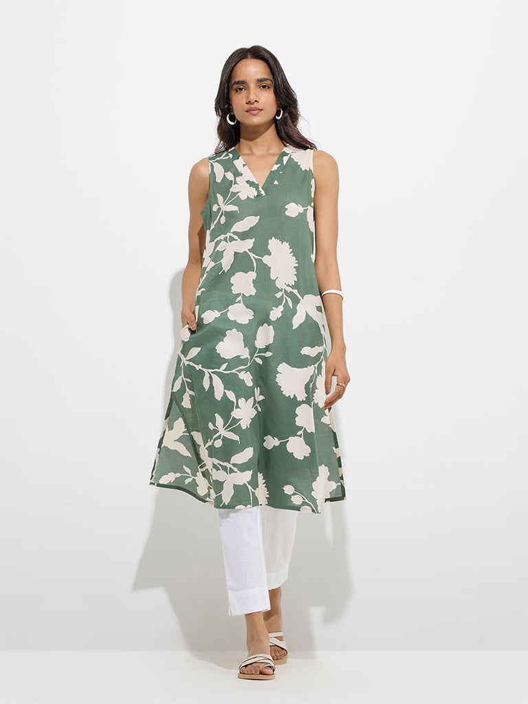Utsa Sage Foliage Design Cotton Straight Kurta