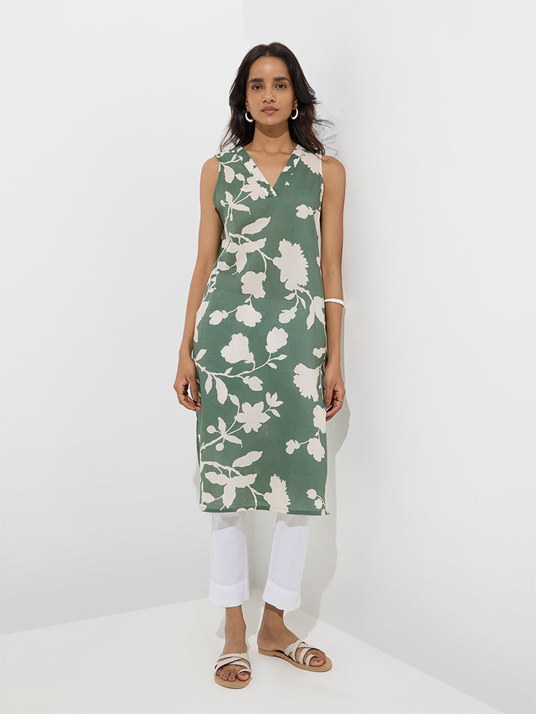 Utsa Sage Foliage Design Cotton Straight Kurta - Image 2