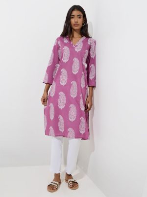 Utsa Purple Paisley Detailed Cotton Straight Kurta