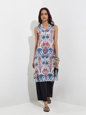 Utsa Indigo Ikat Printed Cotton Straight Kurta