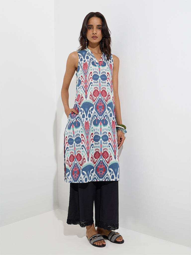 Utsa Indigo Ikat Printed Cotton Straight Kurta - Image 2