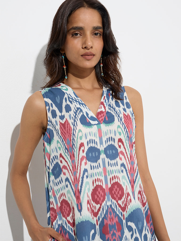 Utsa Indigo Ikat Printed Cotton Straight Kurta - Image 3