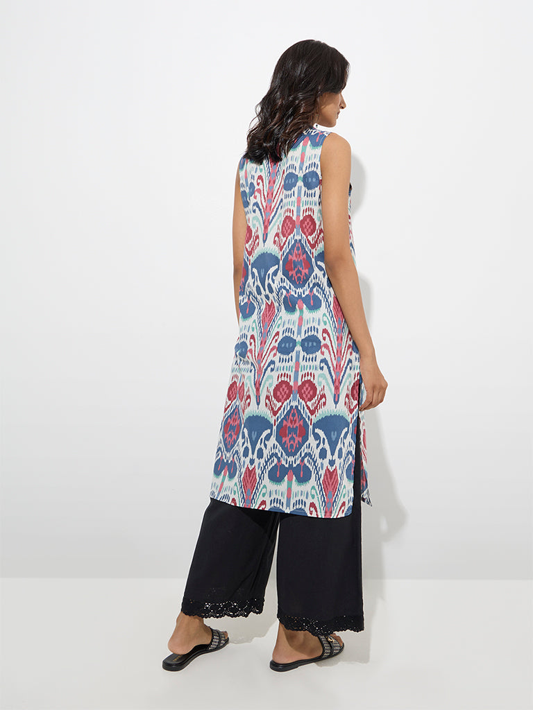 Utsa Indigo Ikat Printed Cotton Straight Kurta - Image 4