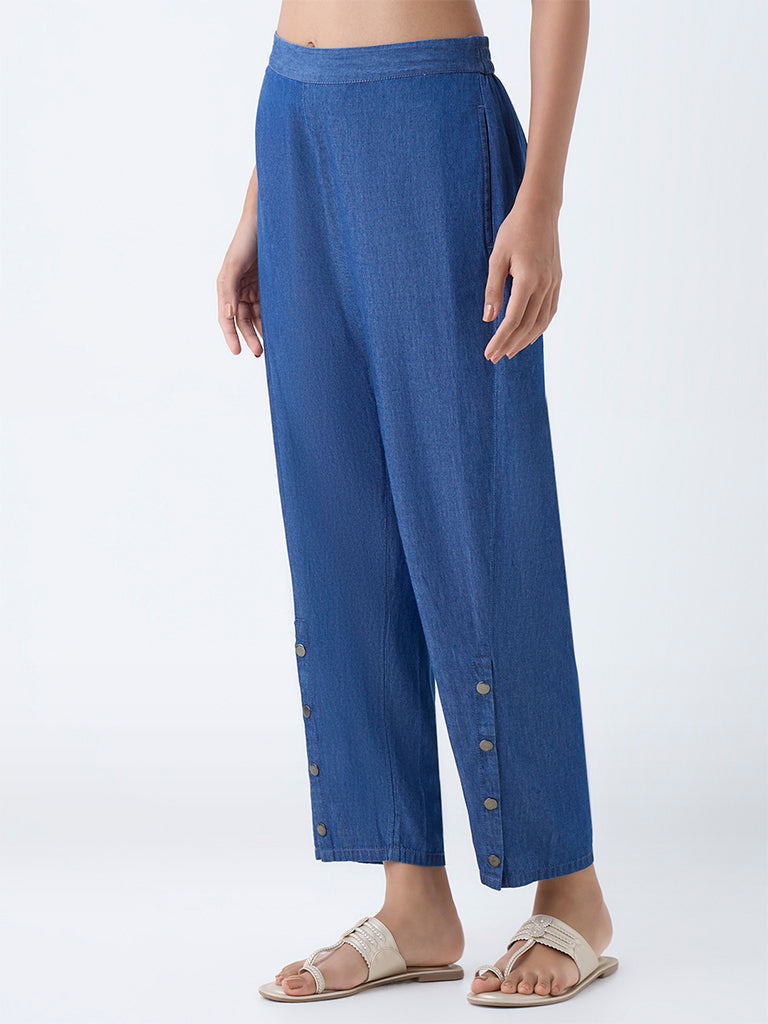 Utsa Indigo Solid Denim Ethnic Pants