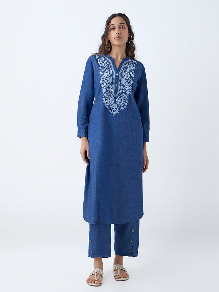 Utsa Indigo Solid Denim Ethnic Pants - Image 2