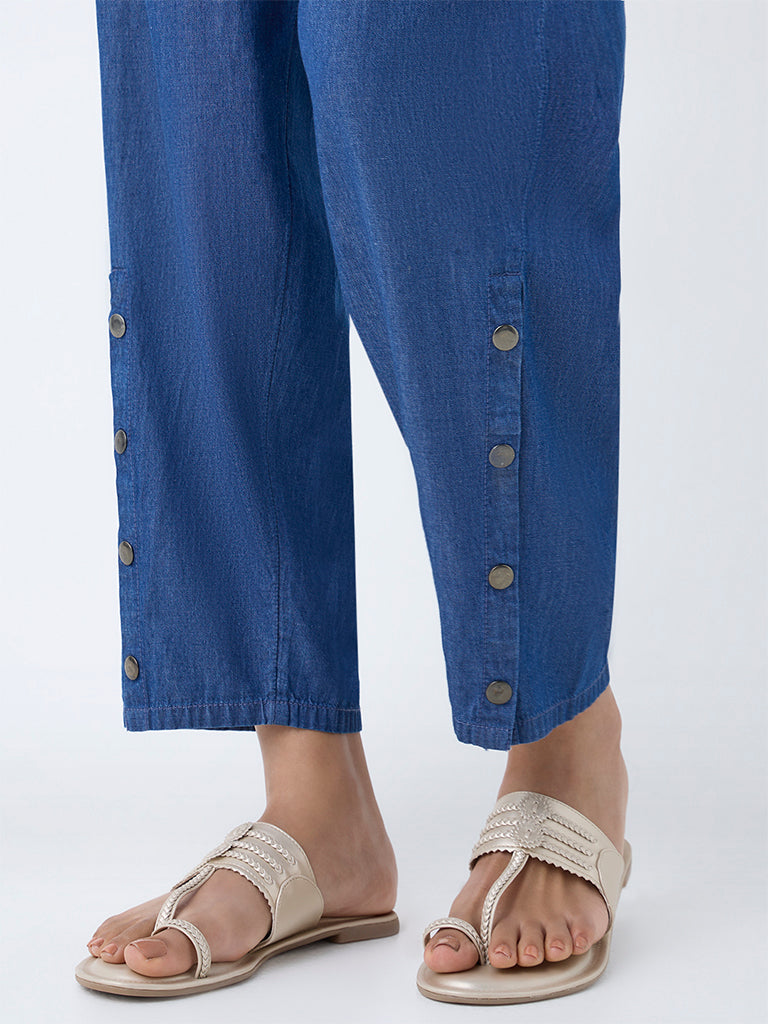 Utsa Indigo Solid Denim Ethnic Pants - Image 3