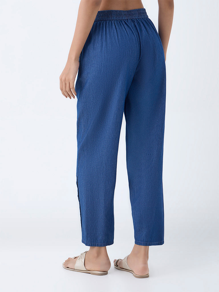 Utsa Indigo Solid Denim Ethnic Pants - Image 4