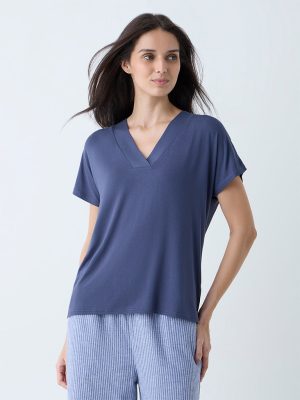 Wunderlove Dusty Blue Solid V-Neck T-Shirt