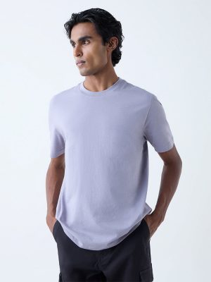 WES Casuals Lilac Solid Slim-Fit Cotton T-Shirt