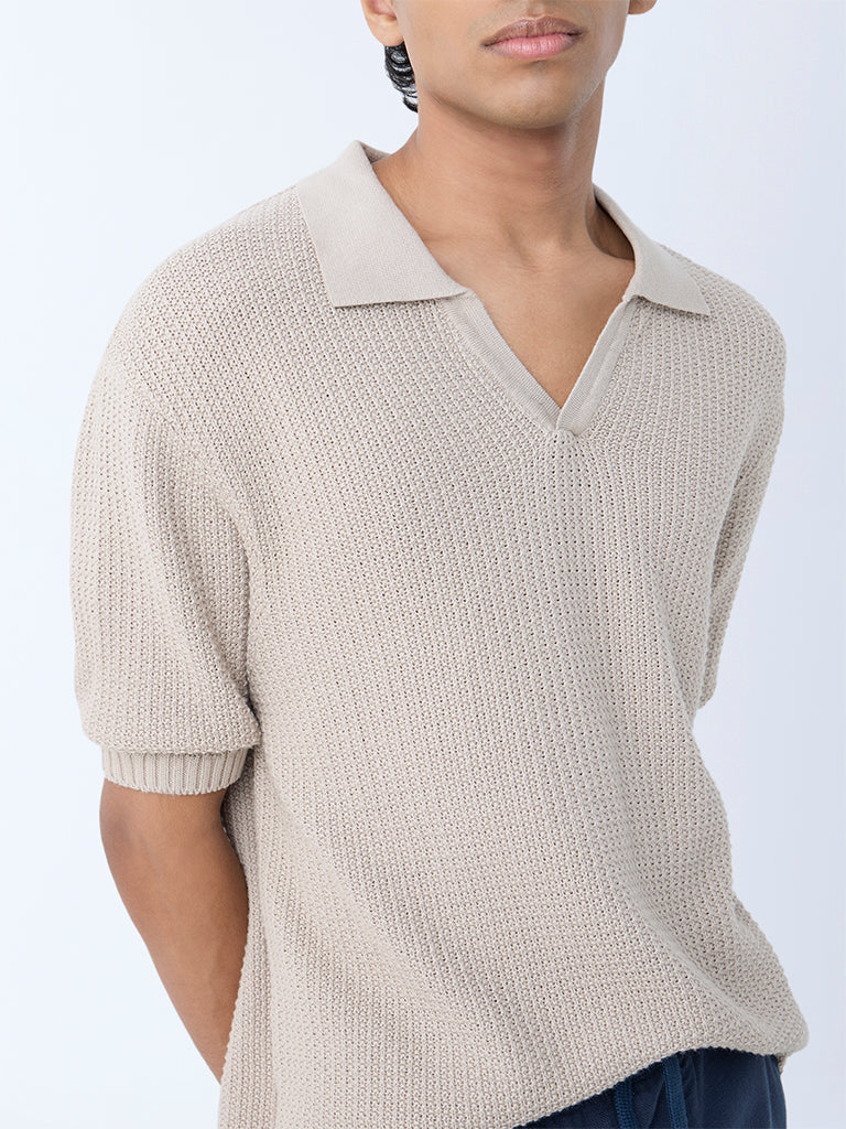 ETA Beige Knit-Textured Relaxed-Fit Polo T-Shirt - Image 4