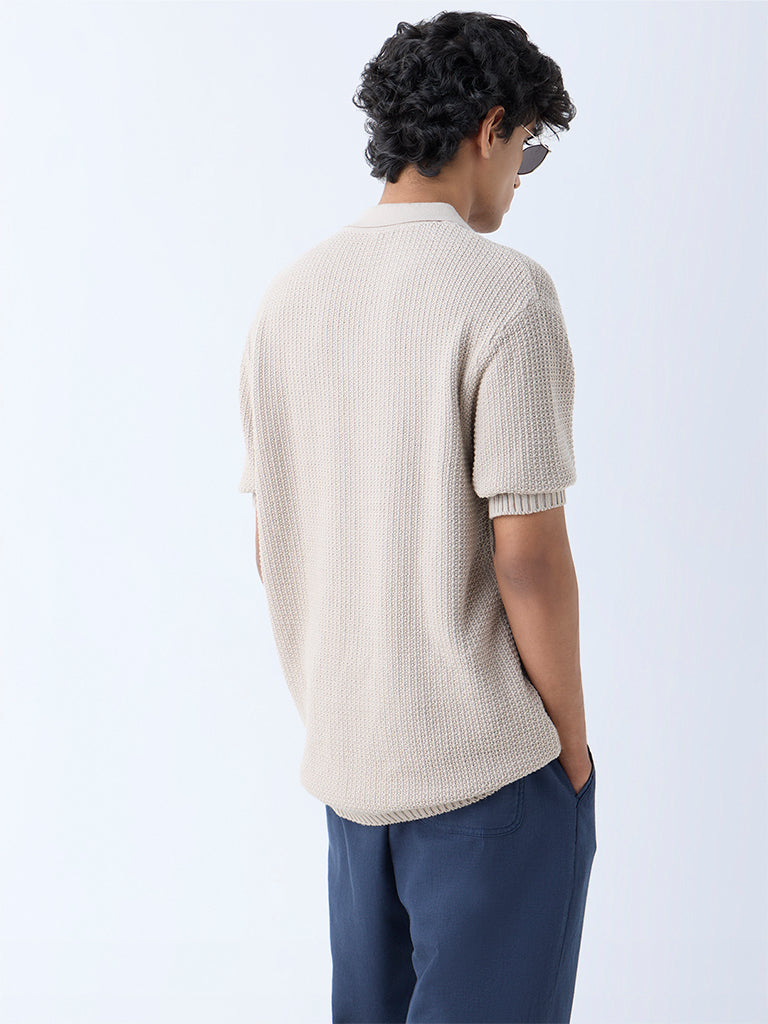 ETA Beige Knit-Textured Relaxed-Fit Polo T-Shirt - Image 5