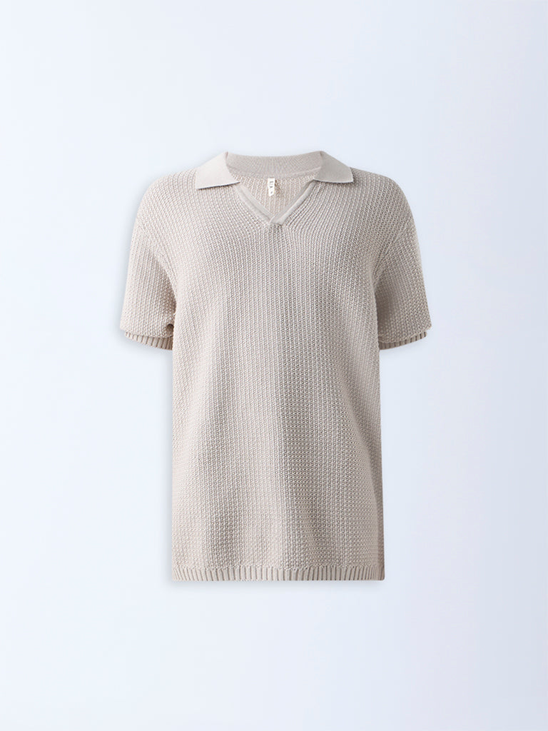 ETA Beige Knit-Textured Relaxed-Fit Polo T-Shirt - Image 6