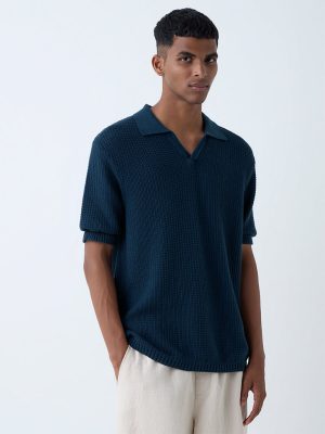 ETA Dark Teal Knit-Textured Relaxed-Fit Polo T-Shirt