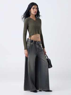 Nuon Olive Self-Striped Top