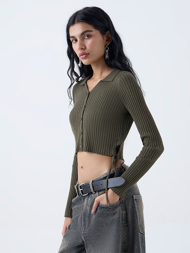 Nuon Olive Self-Striped Top - Image 2