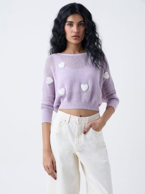 Nuon Lilac Heart Embroidered Cotton Sweater
