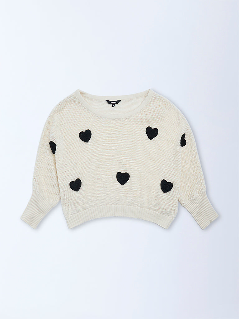Nuon Off-White Heart Embroidered Cotton Sweater - Image 5