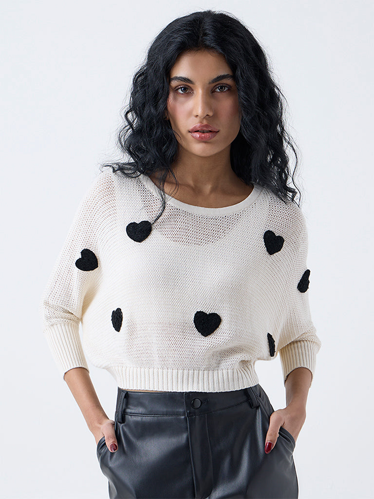 Nuon Off-White Heart Embroidered Cotton Sweater