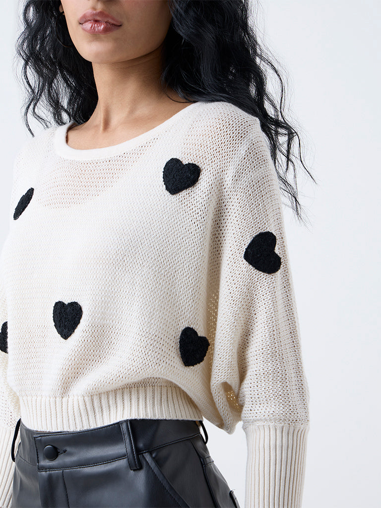 Nuon Off-White Heart Embroidered Cotton Sweater - Image 3