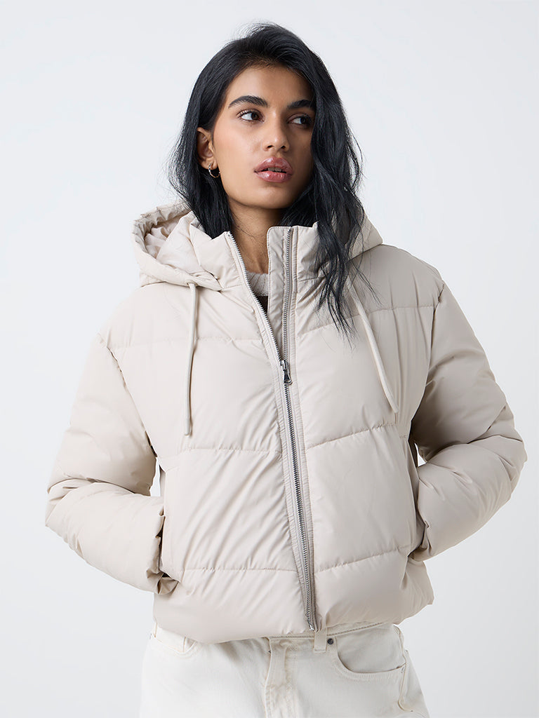 Nuon Beige Hooded Quilted Puffer Jacket