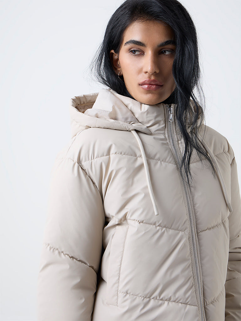 Nuon Beige Hooded Quilted Puffer Jacket - Image 3