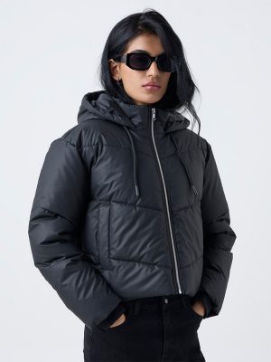 Nuon Black Hooded Quilted Puffer Jacket