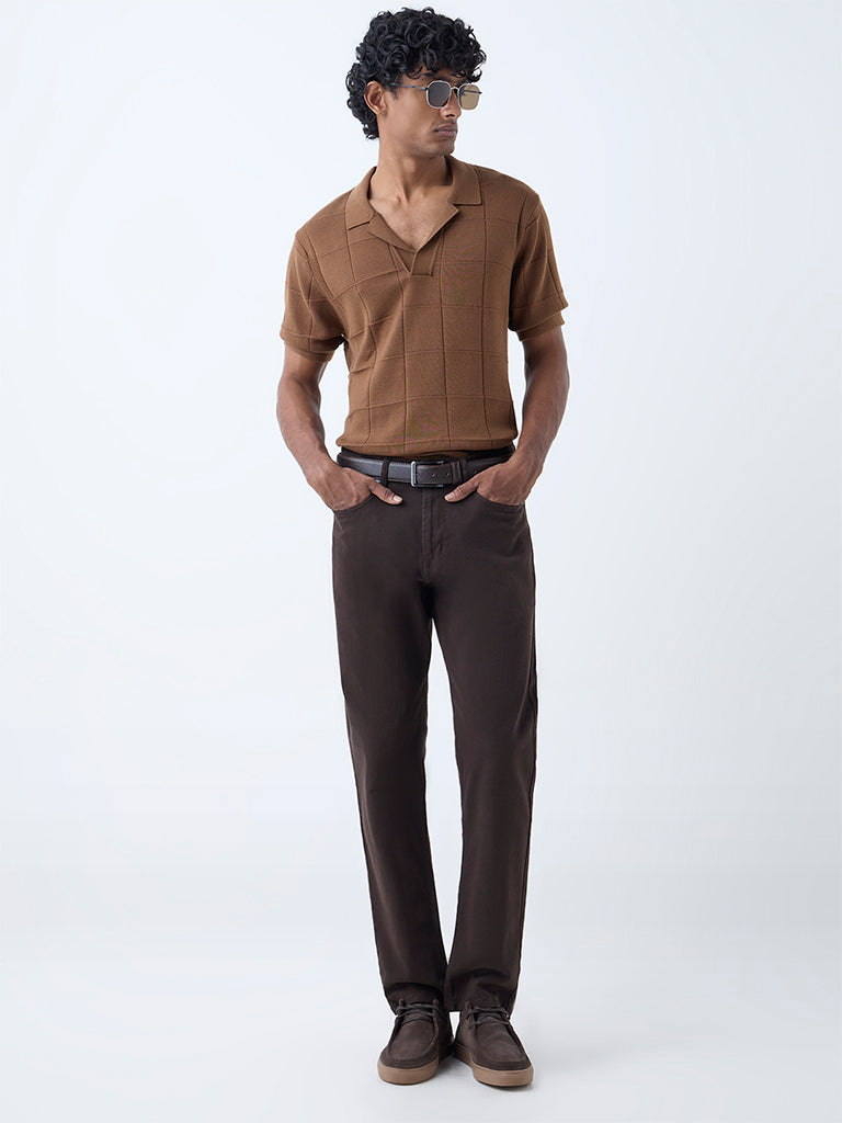 Ascot Brown Checkered Relaxed-Fit Cotton-Blend T-Shirt - Image 3
