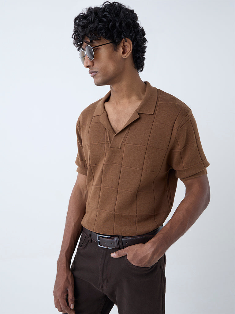 Ascot Brown Checkered Relaxed-Fit Cotton-Blend T-Shirt