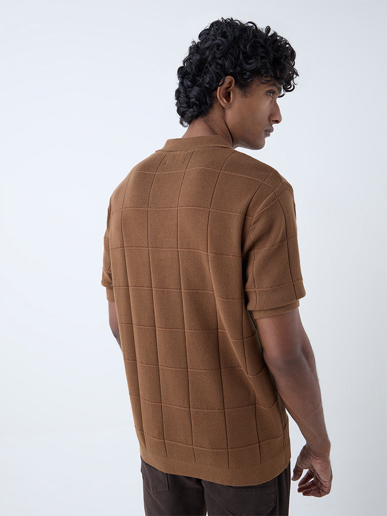 Ascot Brown Checkered Relaxed-Fit Cotton-Blend T-Shirt - Image 5