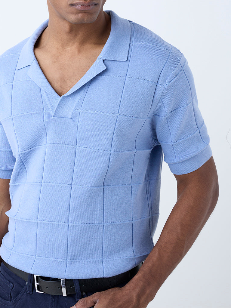 Ascot Blue Checkered Relaxed-Fit Cotton-Blend T-Shirt - Image 3