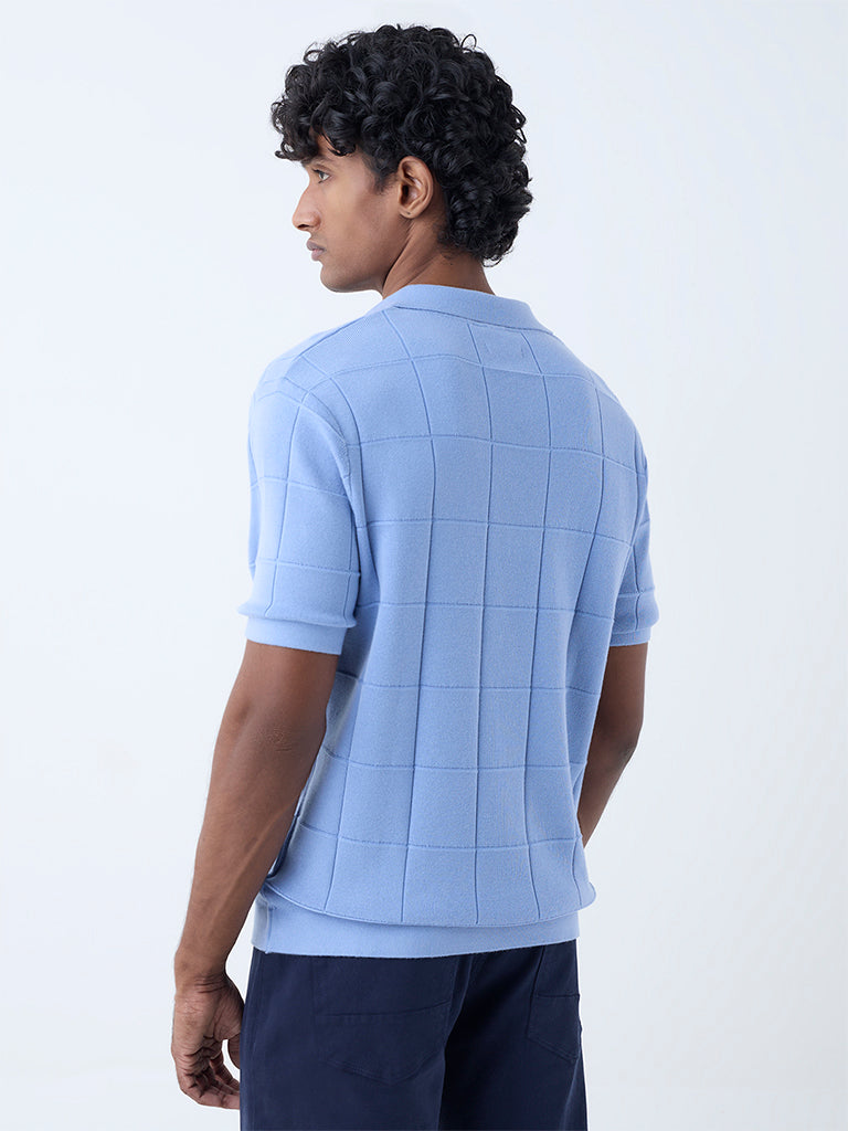 Ascot Blue Checkered Relaxed-Fit Cotton-Blend T-Shirt - Image 4