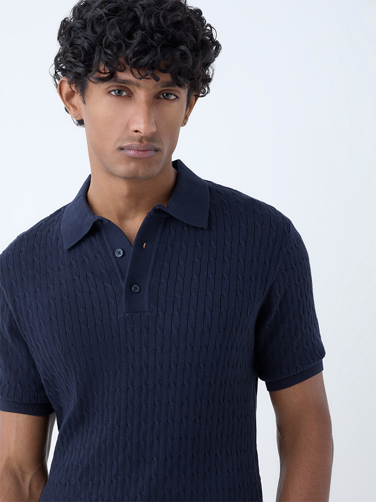 Ascot Navy Cable-Knit Relaxed-Fit Cotton Polo T-Shirt - Image 4