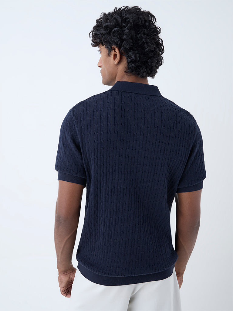 Ascot Navy Cable-Knit Relaxed-Fit Cotton Polo T-Shirt - Image 5