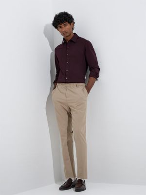 WES Formals Wine Slim-Fit Cotton-Blend Shirt
