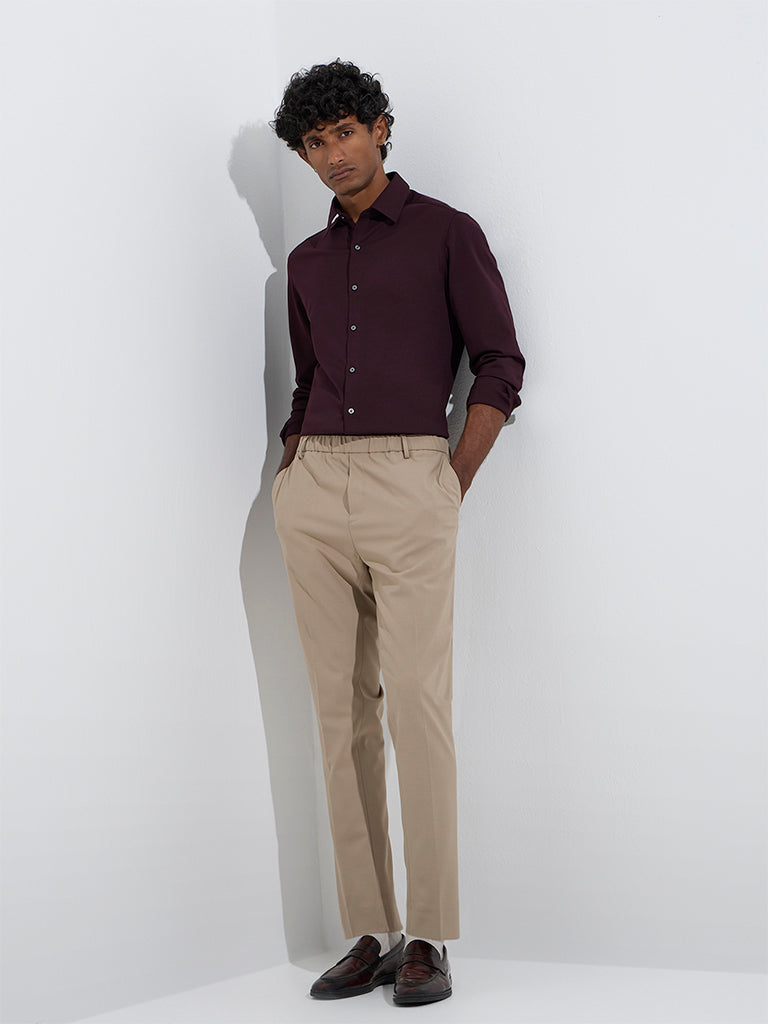 WES Formals Wine Slim-Fit Cotton-Blend Shirt