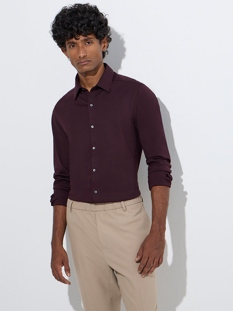 WES Formals Wine Slim-Fit Cotton-Blend Shirt - Image 3