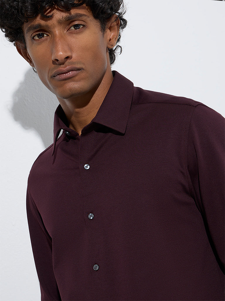 WES Formals Wine Slim-Fit Cotton-Blend Shirt - Image 4
