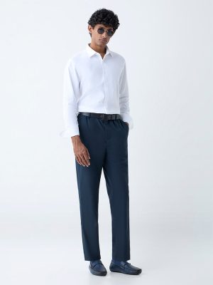 WES Formals Navy Checks Relaxed-Fit Mid-Rise Trousers