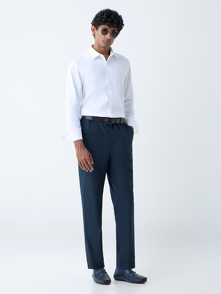 WES Formals Navy Checks Relaxed-Fit Mid-Rise Trousers