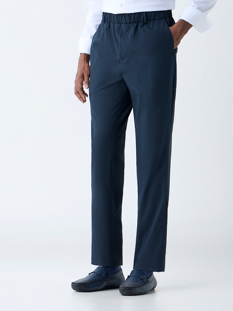 WES Formals Navy Checks Relaxed-Fit Mid-Rise Trousers - Image 2