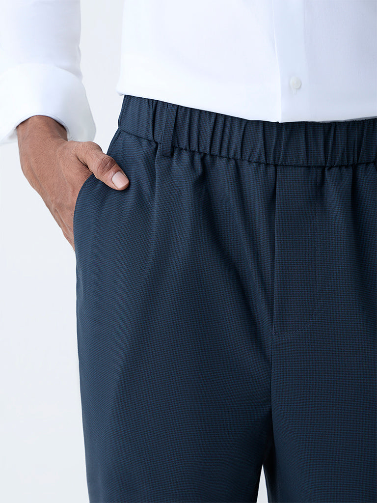 WES Formals Navy Checks Relaxed-Fit Mid-Rise Trousers - Image 3