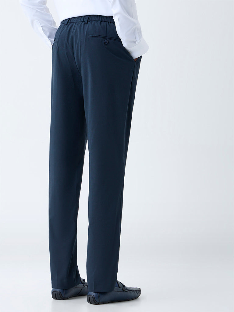 WES Formals Navy Checks Relaxed-Fit Mid-Rise Trousers - Image 4