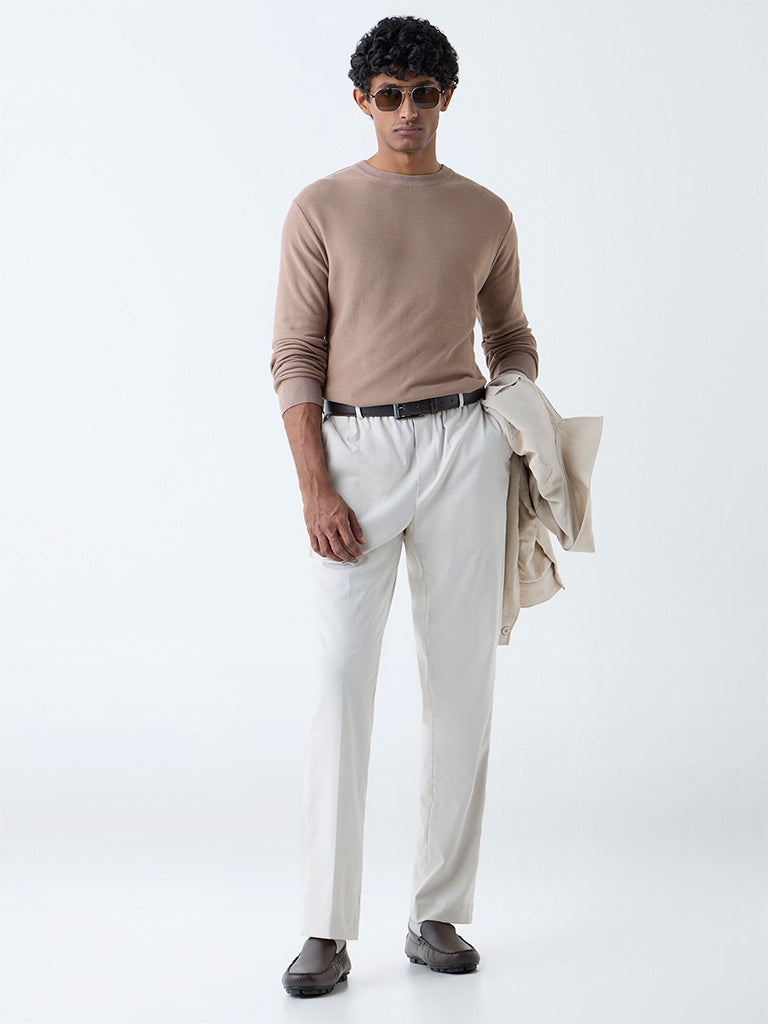 WES Formals Cream Checkered Relaxed-Fit Mid-Rise Trousers