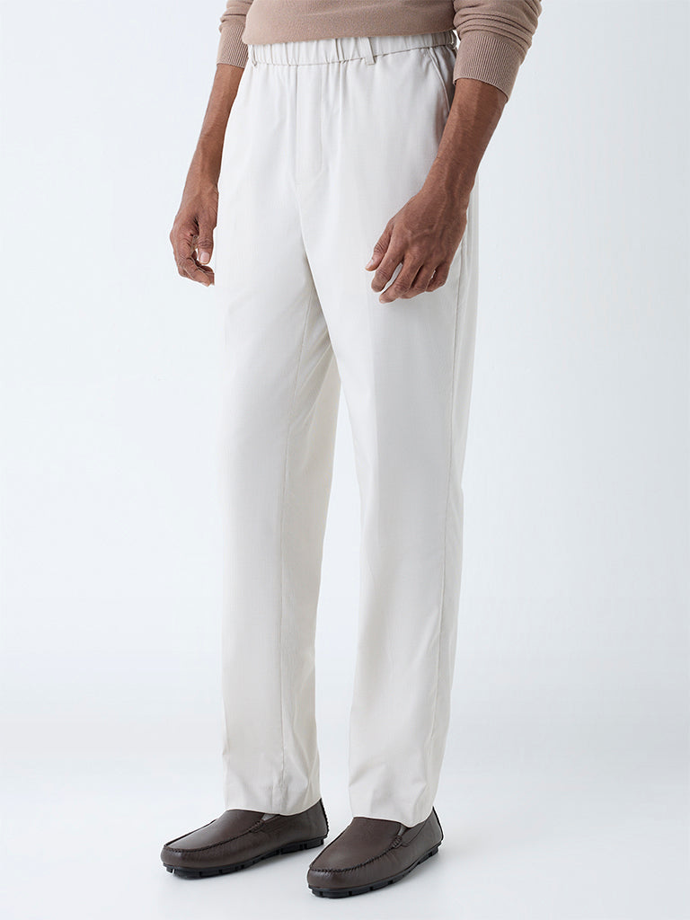 WES Formals Cream Checkered Relaxed-Fit Mid-Rise Trousers - Image 3