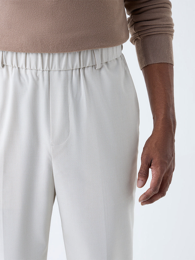 WES Formals Cream Checkered Relaxed-Fit Mid-Rise Trousers - Image 4