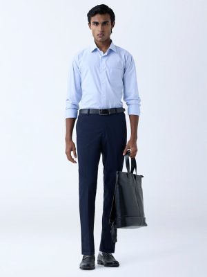 WES Formals Navy Solid Relaxed-Fit Mid-Rise Trousers