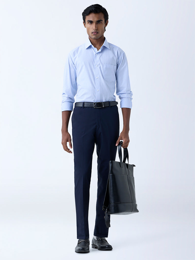 WES Formals Navy Solid Relaxed-Fit Mid-Rise Trousers